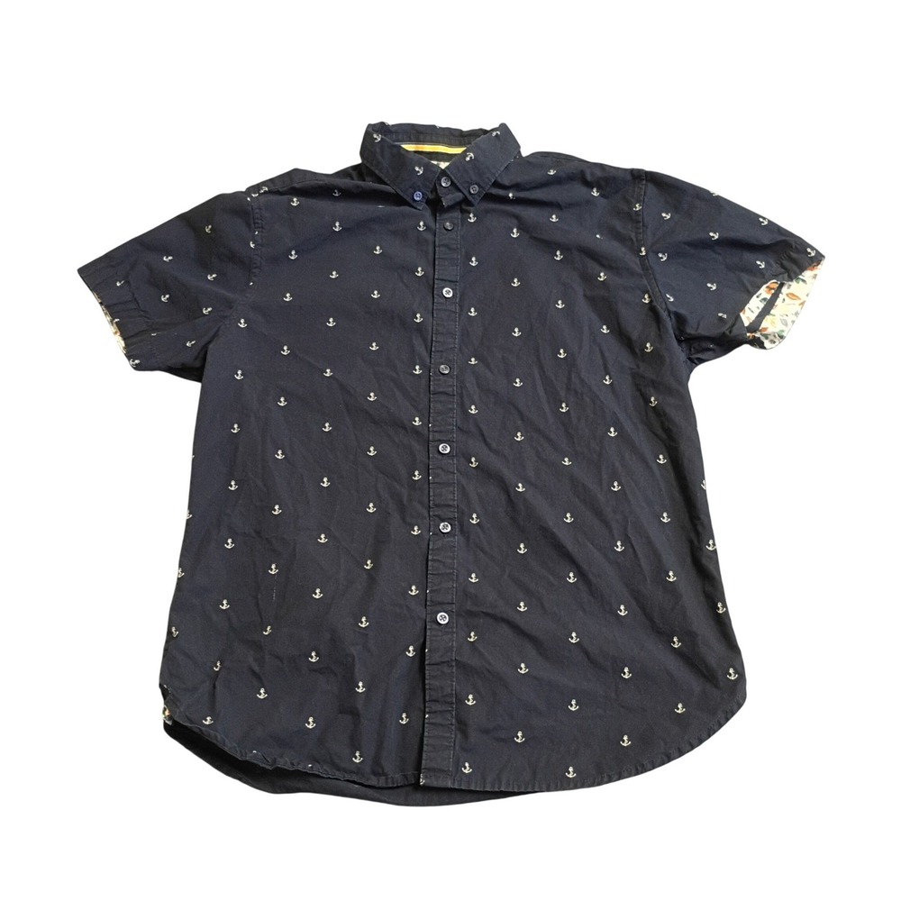 Denim & Flower Ricky Singh Button Down Mens M Navy Anchor Print Nautical Summer